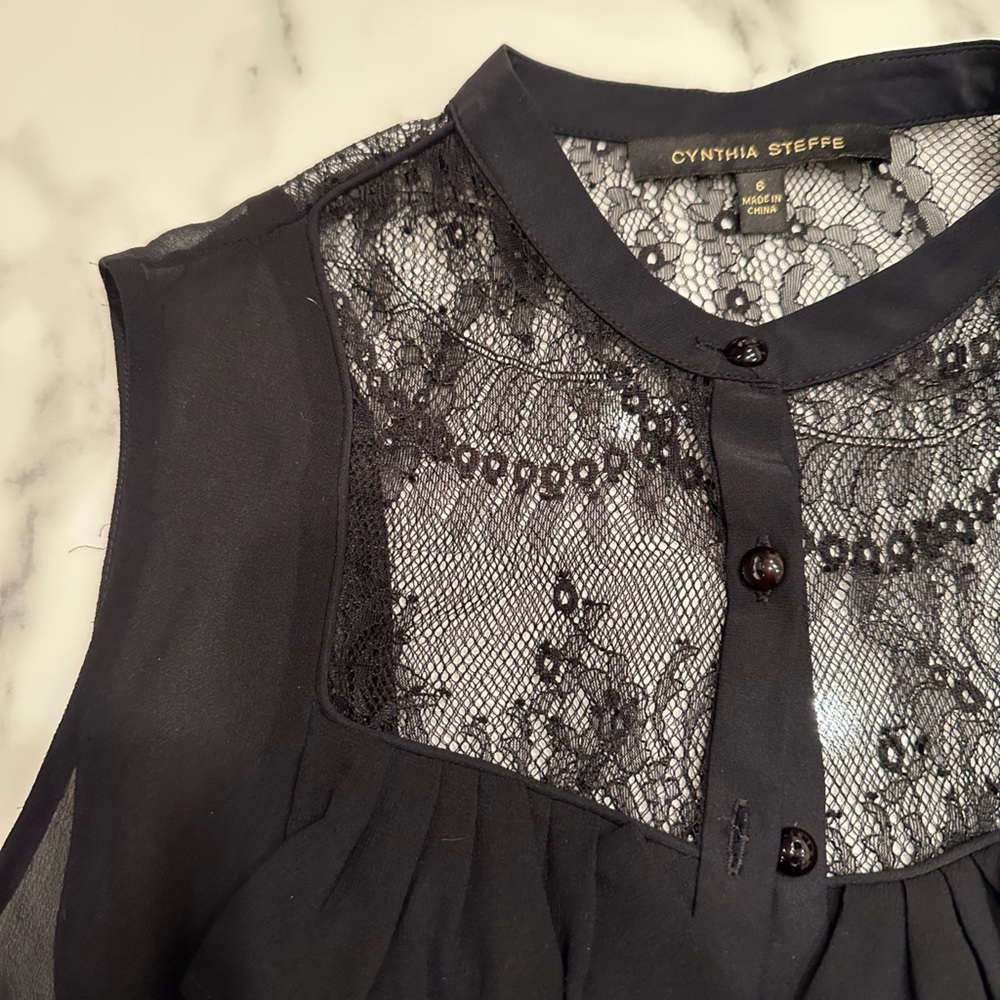 Cynthia Steffe Black Ruffle Button Up, Lace Back, Sleeveless, Size 6
